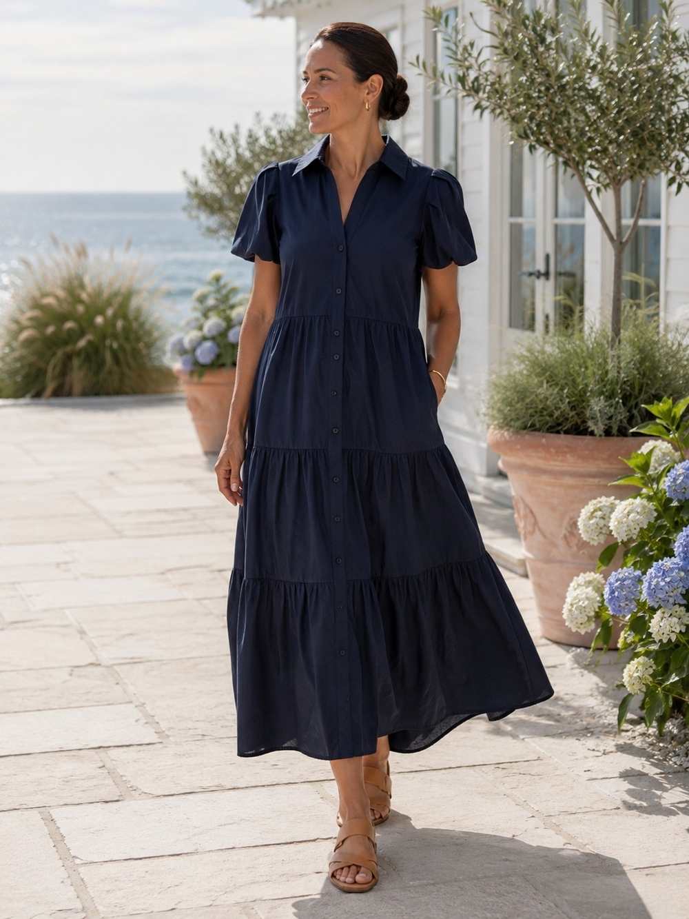 Brochu Walker The Havana Navy Puff Sleeve Tiered Shirt Dress XL